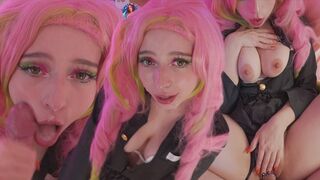 Mitsuri i Kanroji cosplay nyder hullerne i pik og får en enorm skud i ansigtet