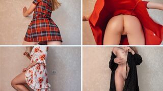 Blonde pige uden kjole prøve trusser med en stor røv